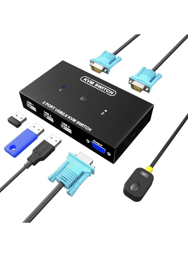 KVM Switch VGA 2 Port, DiamondTiger VGA KVM Switch for 2 Computers Share 1 Monitor & 3 USB 2.0 Keyboard Mouse Scanner Printer,U Disk, Driver-Free for All OS,2 KVM Cables 1 Desktop Controller Included - Image 1